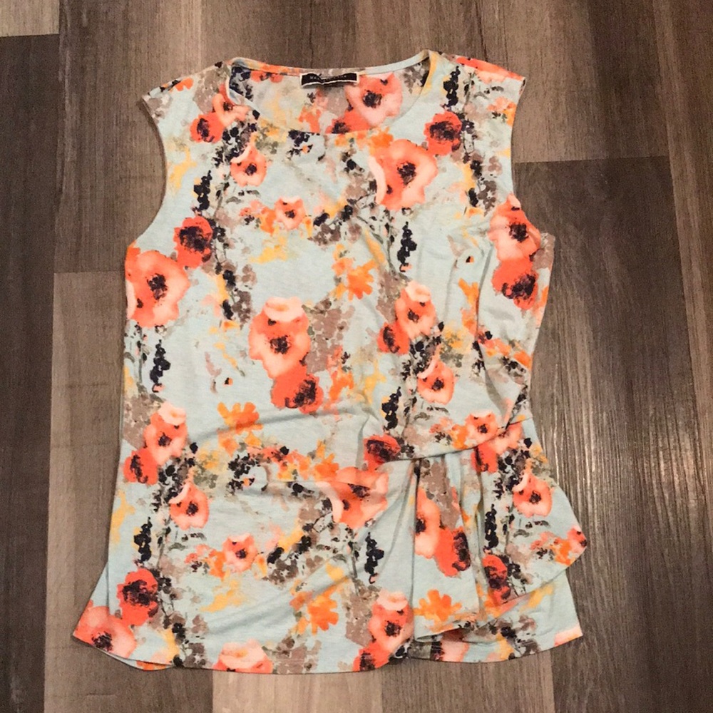 Floral Sleeveless Peplum Top in Light Blue and Coral